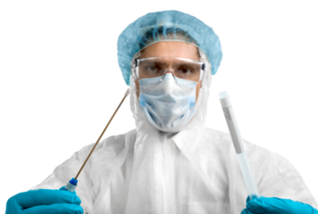 Medical healthcare technologist holding COVID-19 swab kit, wearing white protective suit and mask