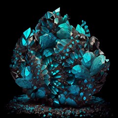 Shiny Sea blue Crystal Turquoise gem isolated on black background. Natural precious mineral stone artistic illustration. Decorative Sea blue Crystal Turquoise gemstone poster.