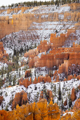 Close up view of bryce canyon national park hoodoos in winter in souther utah usa showing oranges and whites during the day.