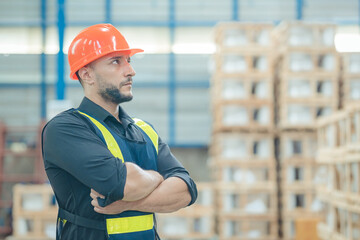 The male commander's smile stood in the warehouse with his arms crossed, looking at the camera. Logistics industry concept.
