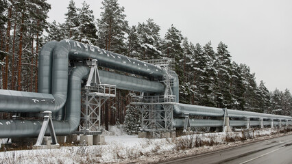 pipeline,pictured pipeline in winter against the background of a snow-covered forest and gray sky