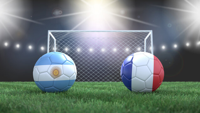 Two soccer balls in flags colors on stadium blurred background. Argentina vs France. 3d image