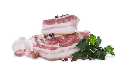Pieces of pork fatback served with different ingredients isolated on white