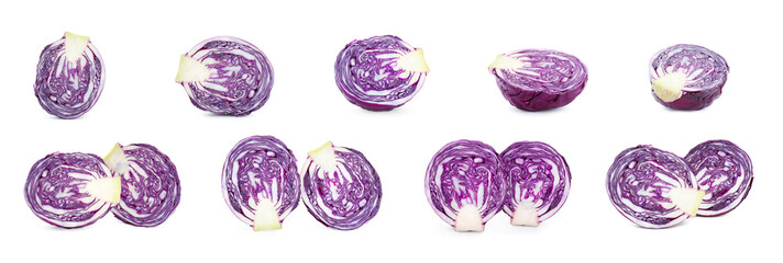 Set with cut fresh ripe red cabbage on white background. Banner design