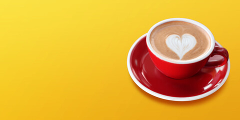 Aromatic coffee in red cup on yellow background, space for text. Banner design