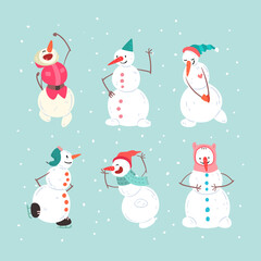 Funny Snowman Character with Carrot Nose Engaged in Different Activity Vector Set