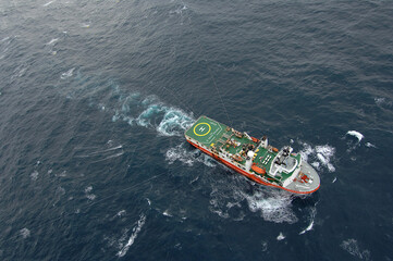 aerial of the Veritas Viking working a seismic grid recording fuel reserves in Bass Strait prior to exploratory drilling.