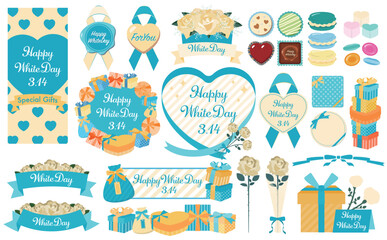 リボンやハート・ギフトをあしらったホワイトデーのベクターフレームとイラストのセット素材_青緑_背景透過