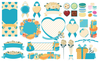 リボンやハート・ギフトをあしらったホワイトデーのベクターフレームとイラストのセット素材_青緑_文字なし