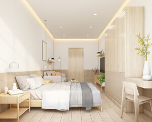 Minimalist style tiny room decorated with bed and wardrobe, sofa and tv cabinet. 3d rendering