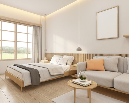 Minimalist style tiny room decorated with bed and sofa. 3d rendering