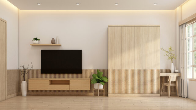 Minimalist style tiny room decorated with wood wardrobe and tv cabinet . 3d rendering