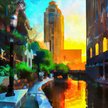 Impressionistic view along the San Antonio River Walk at sunset. Generative AI. For urban and travel motifs.