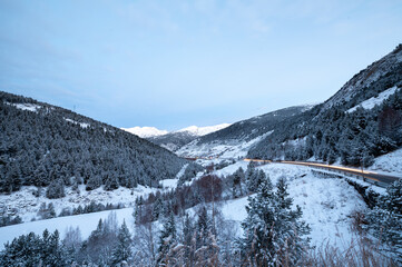 Snowy mountains in Grandvalira in Andorra in winter