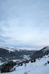 Fototapeta na wymiar Snowy mountains in Grandvalira in Andorra in winter