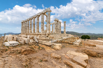 The Temple of Poseidon, an ancient Greek temple on Cape Sounion, Greece, dedicated to the god Poseidon.