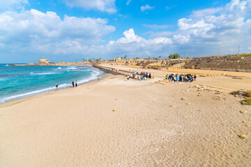 The ancient port and arena with Roman Ruins along the Mediterranean Sea at Caesarea Maritima National Park in Caesarea, Israel.