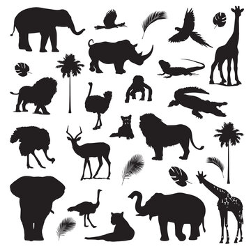 A set of African animals. Exotic animals painted black, isolated on a white background.