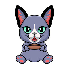 Cute russian blue cat cartoon holding food bowl