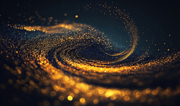 Digital Gold Particles Wave and light abstract background with shining floor particle stars dust. Futuristic glittering Luxury golden sparkling on black background. 