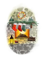Christmas time, fireplace in winter, illustration png