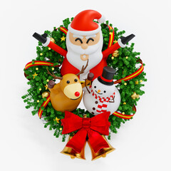 Santa Clause in Christmas wreath with bows and ribbons baubles, celebrate Merry Christmas Xmas and Happy New Year festival, 3D rendering.