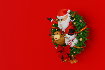 Santa clause in Christmas wreath with bows and ribbons baubles, celebrate Merry Christmas Xmas and Happy New Year festival, 3D rendering.