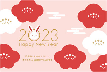 年賀状2023卯年 梅の花横　紅白ピンク