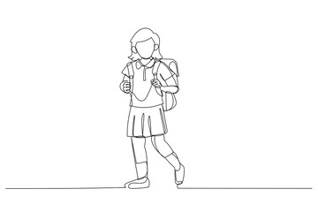 Cartoon of cute schoolgirl in uniform standing. One line art style