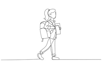 Drawing of school student holding books and backpack walking for education concept. Continuous line art