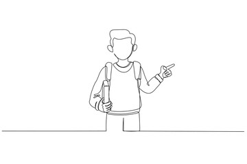 Drawing of Student pointing up on blackboard. Boy from elementary school with book and bag. Continuous line art style