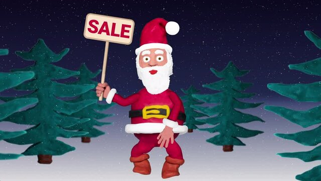 Seamless looping animation of a plasticine Santa Claus with a Sale sign walking through a winter landscape including green screen and luma matte 