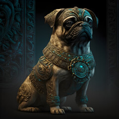 A brown pug style dressed in ancient Mayan god ornamental costume.