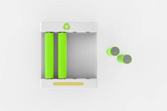 isometric charger with batteries inside reusable rechargeable batteries for portable devices. 3d illustration