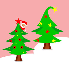 vector illustration of santa claus and christmas tree design, nature background, perfect for poster, advertisement, merry christmas card, template, etc