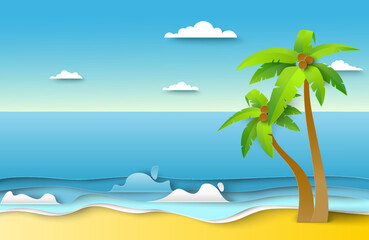 Fototapeta na wymiar Seaside landscape vector paper cut sea beach