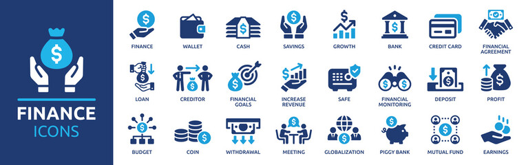 Finance icon set. Containing loan, cash, saving, financial goal, profit, budget, mutual fund, earning money and revenue icons. Solid icons collection. - obrazy, fototapety, plakaty