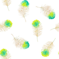 Beautiful seamless pattern with watercolor hand drawn green bird feathers. Stock illustration.