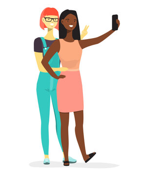 Two interracial girls friends taking selfie vector