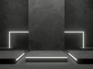 3D cement podium with white neon light.