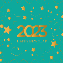 Happy New Year 2023.Golden numbers with ribbons Shiny night backdrop. Abstract isolated graphic design template.