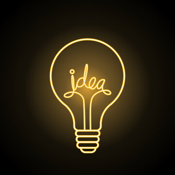 Neon light bulb idea on black background. Vector illustration.