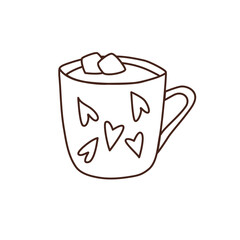 Hot chocolate with marshmallows in cup with hearts doodle outline drawing. Valentines day illustration. 