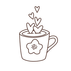 Cup of coffee with flying hearts Valentine’s day outline doodle vector illustration