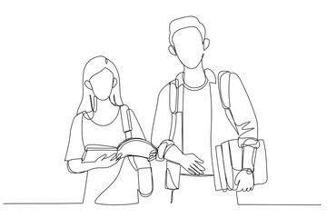Drawing of students couple in school library have discussion about subject. Single continuous line art style