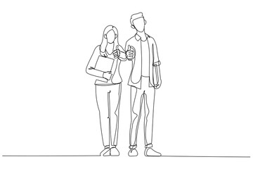 Cartoon of students couple standing together and showing thumbs up. One line art style