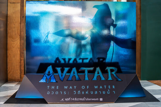 Bangkok, Thailand – 03 Dec 2022: A beautiful standee of a movie called Avatar 2 : The Way Of Water is epic science fiction film directed by James Cameron display at the cinema to promote the movie