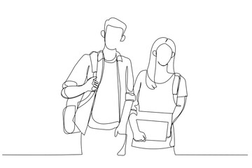 Drawing of two students on campus standing side to side looking straight ahead. Single continuous line art style