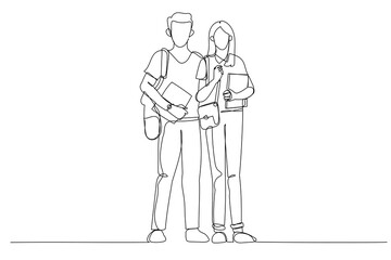Cartoon of young students couple walk together to library in campus. One line art style