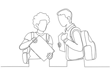 Cartoon of two asian school boys enjoying their free time. One line style art
